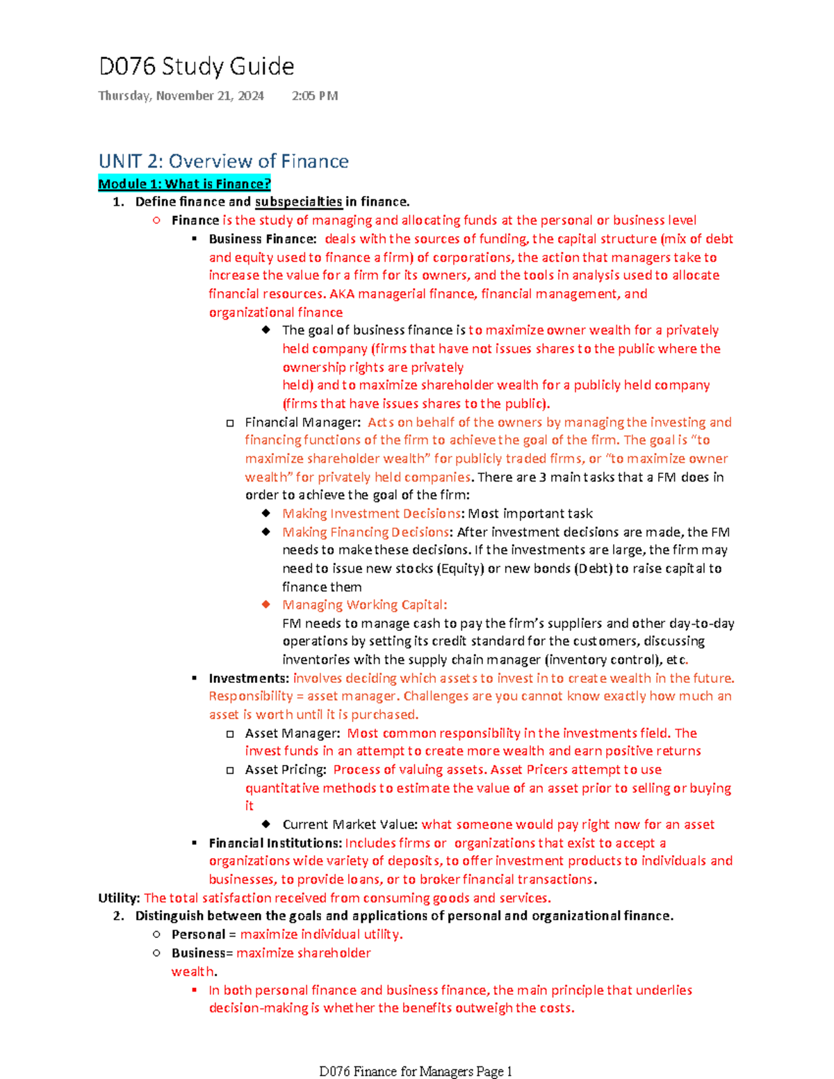 D076study guide - UNIT 2: Overview of Finance Module 1: What is Finance ...