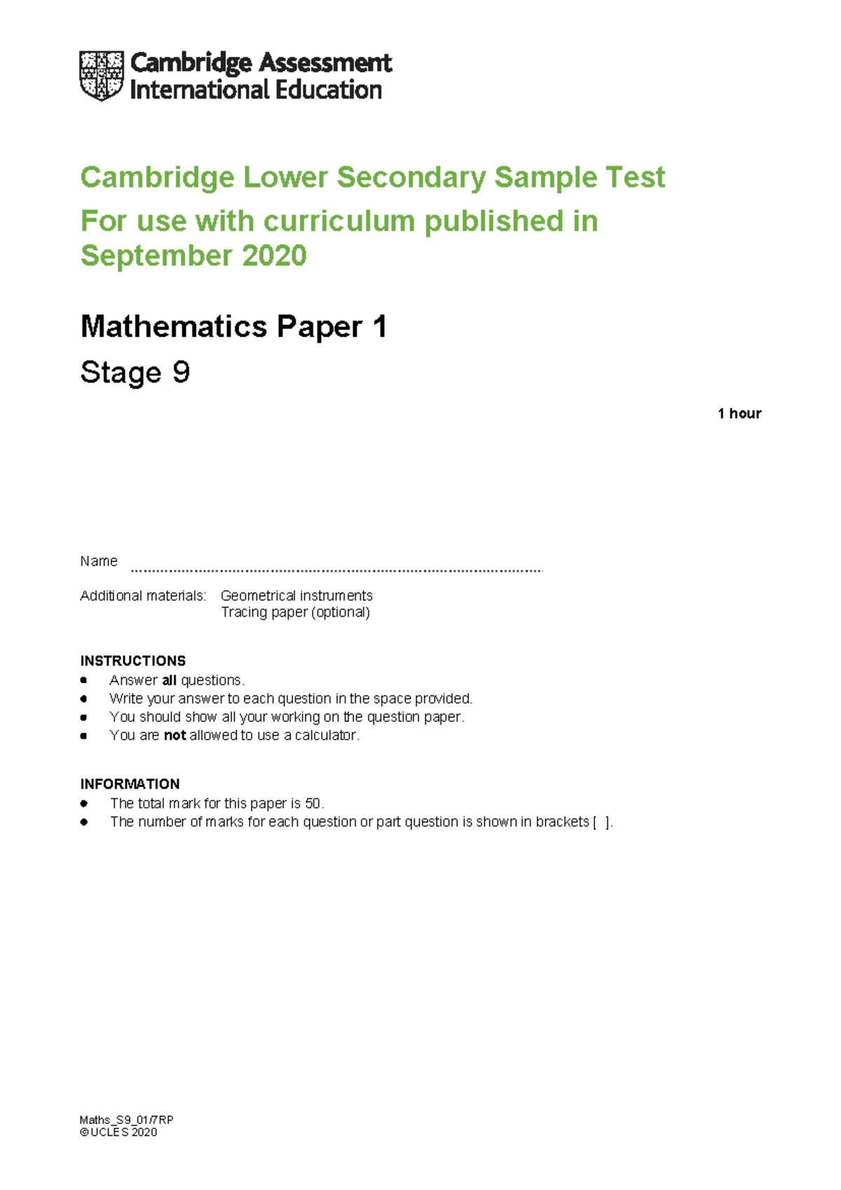 Mathematics Stage 9 Sample Test Paper 1 tcm143-595677 - Studocu