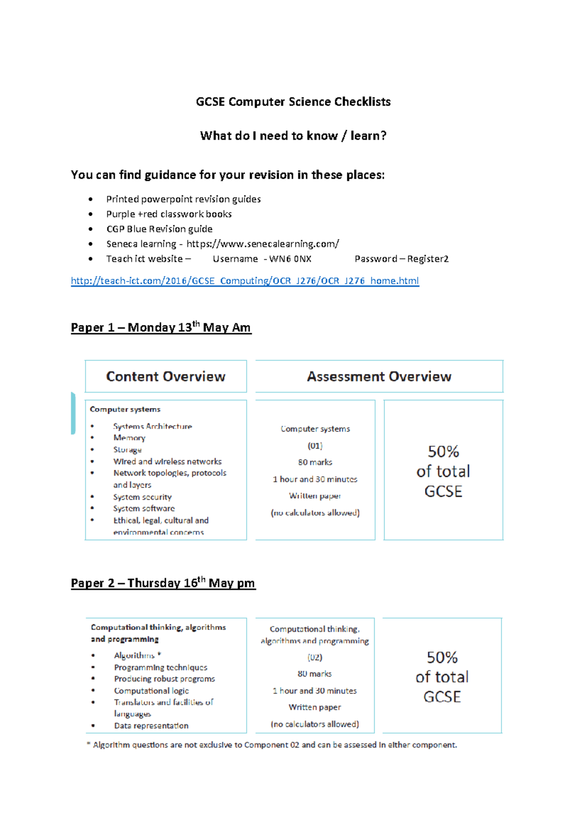 GCSE Computer Science Revision Checklist for Papers 1 & 2 - Studocu