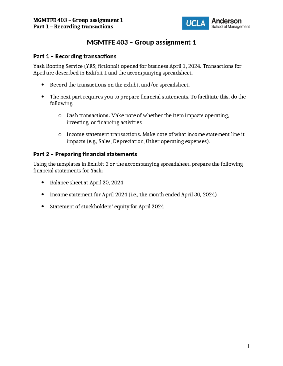 MGMTFE 403 Group Assignment 1: Recording Transactions & Financials ...