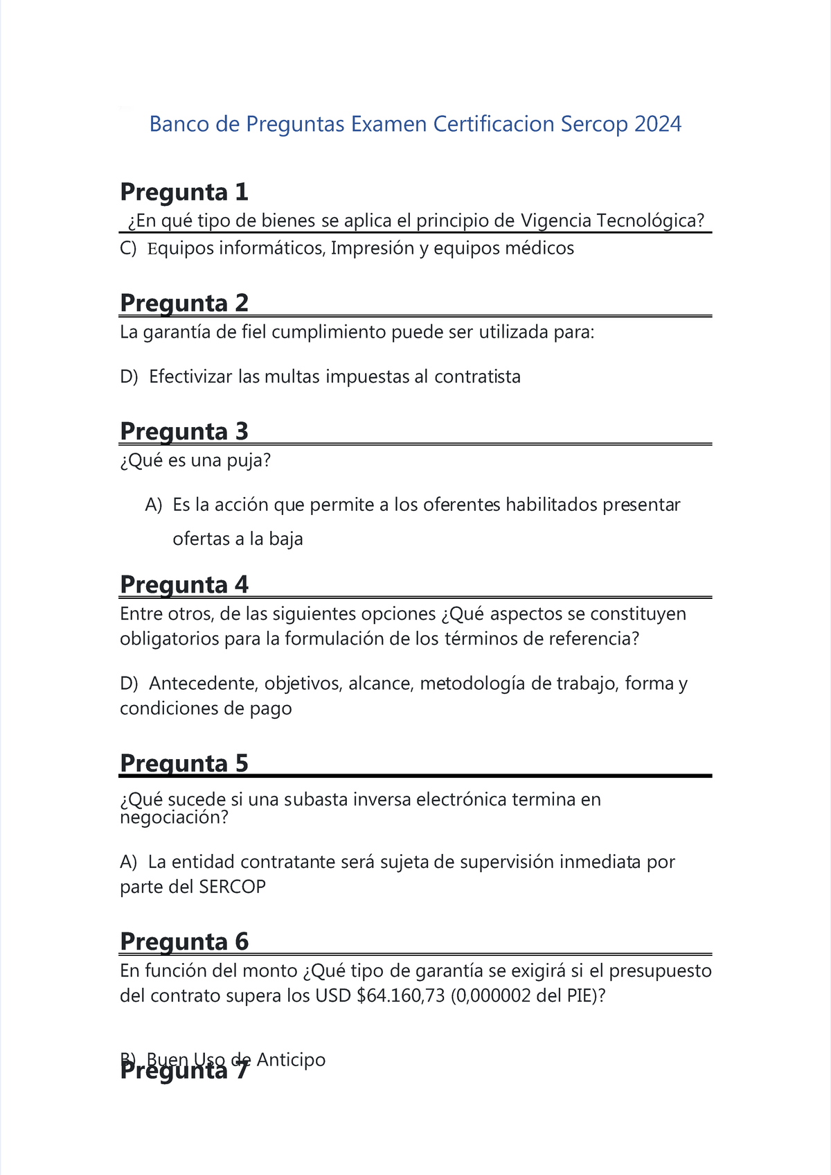 Banco de Preguntas Examen de Certificación SERCOP 2024 - Document Preview