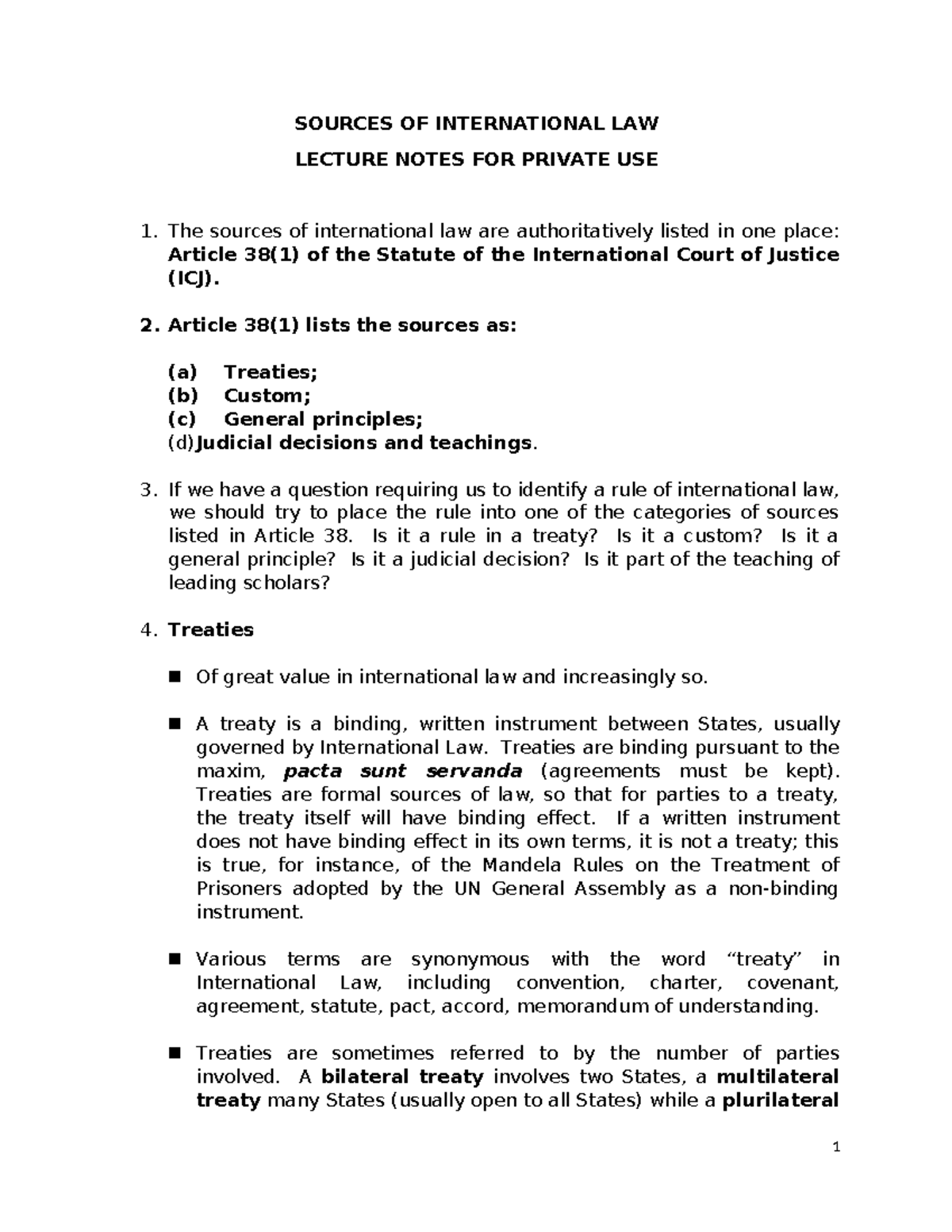 Sources - SOURCES OF INTERNATIONAL LAW LECTURE NOTES FOR PRIVATE USE ...