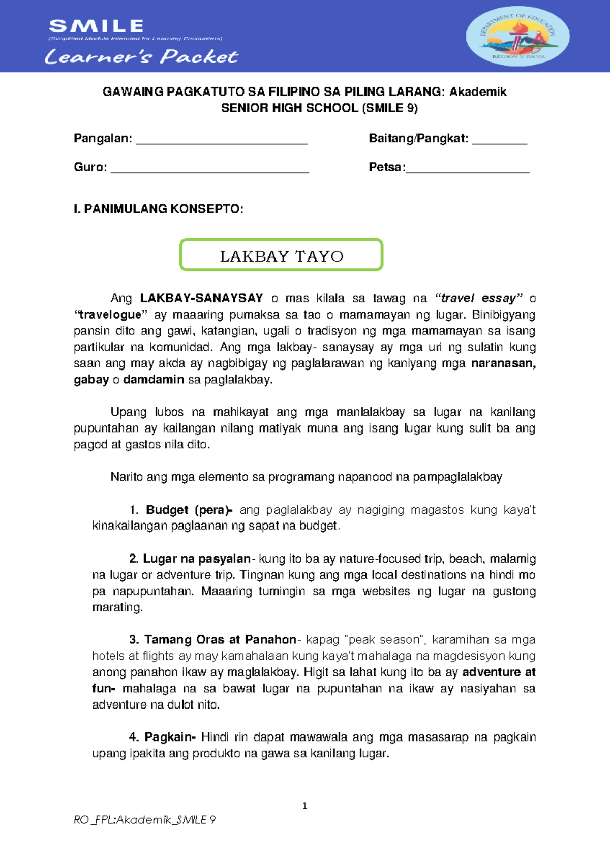 Lakbay-Sanaysay sa FPL SLP-9: Pagsusuri sa Paglalakbay at Kultura - Studocu