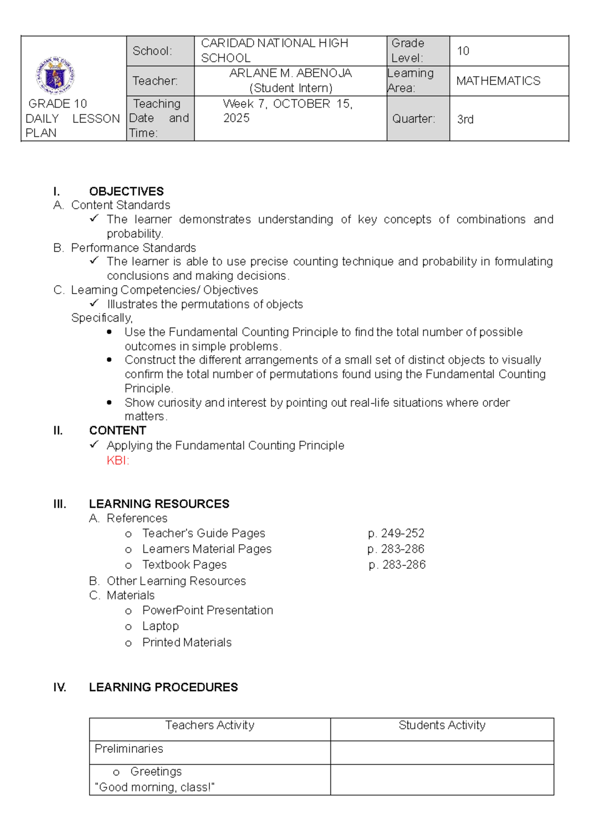 Grade 10 Math Lesson Plan: Permutations & Counting Principles - Studocu