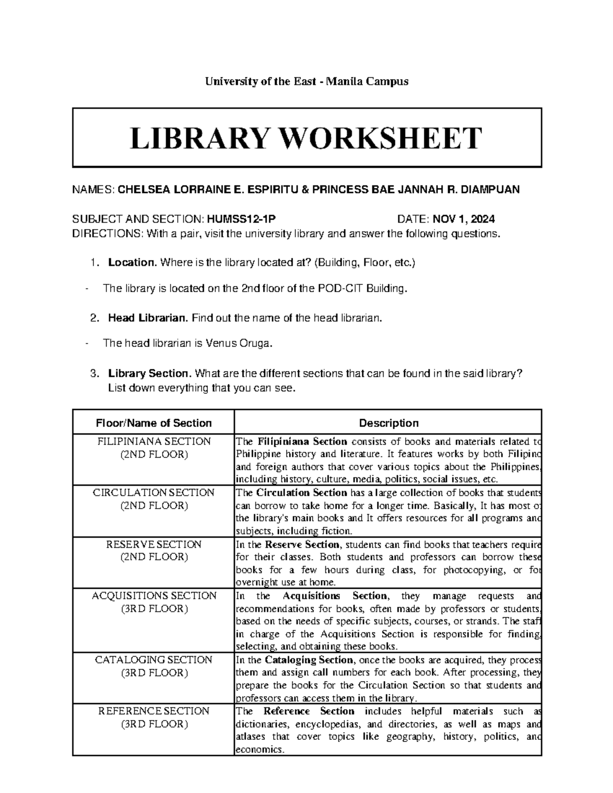 Library Worksheet: Exploring the UE Manila Campus Library - Studocu
