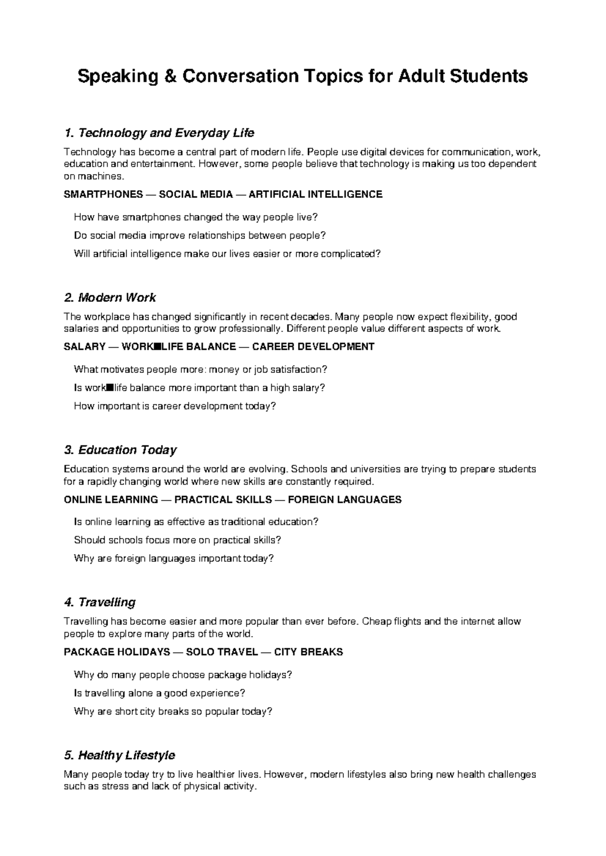Speaking Topics for Adult Students: Technology, Work, and Lifestyle ...