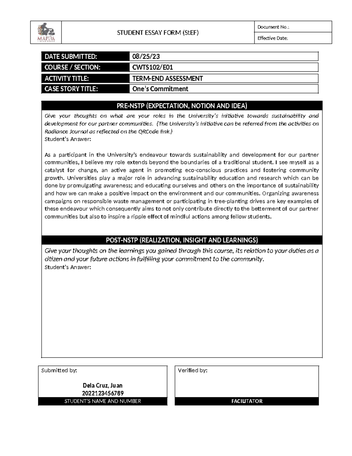 CWTS102 Term-End Essay: Commitment to Sustainability and Community ...
