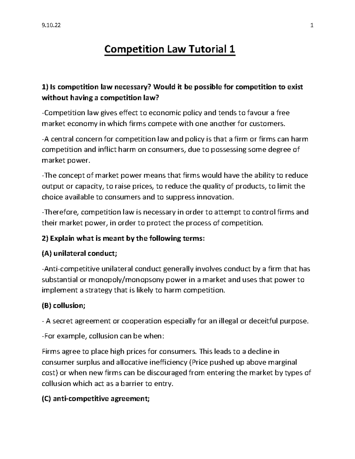 Competition Law TUT 1: Exploring Market Power & Economic Efficiency ...