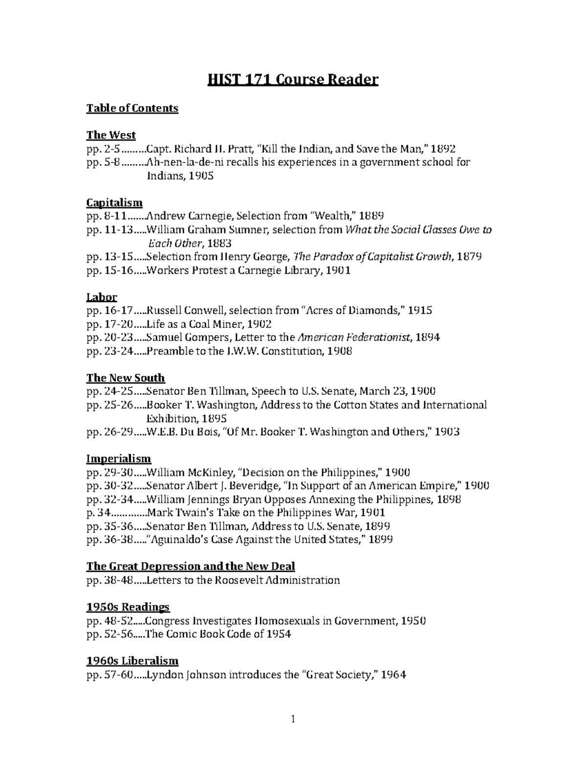 HIST 171 Course Reader: Key Texts on American History and Society - Studocu