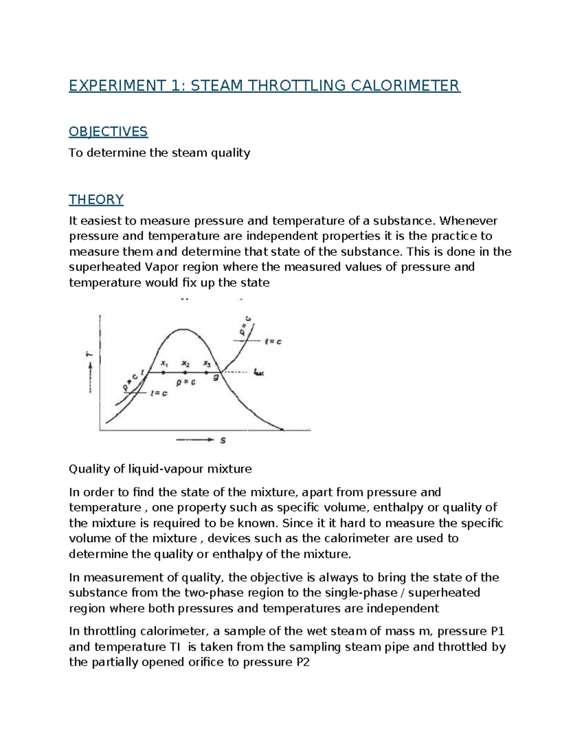 Thermodynamics Experiment 1: Steam Throttling Calorimeter Analysis ...