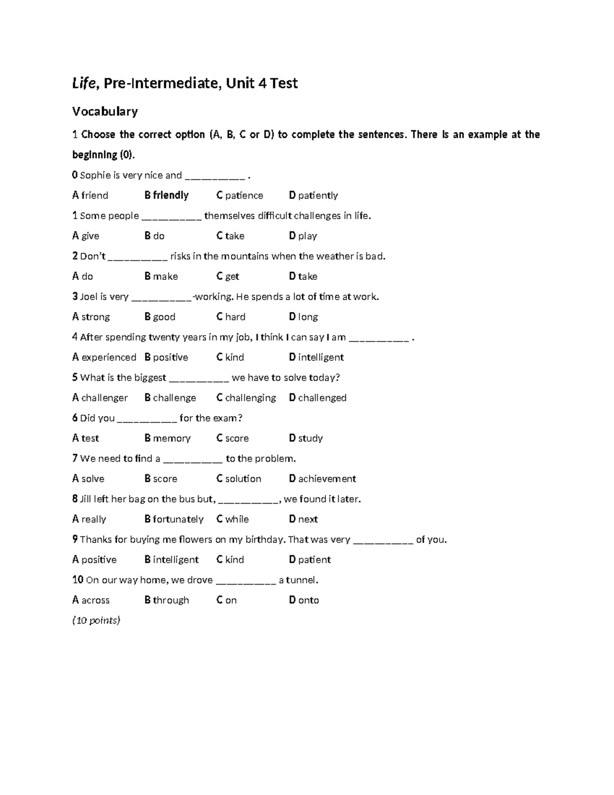 Life 2e Pre-Intermediate Unit 4 Test Vocabulary and Grammar Exercises ...