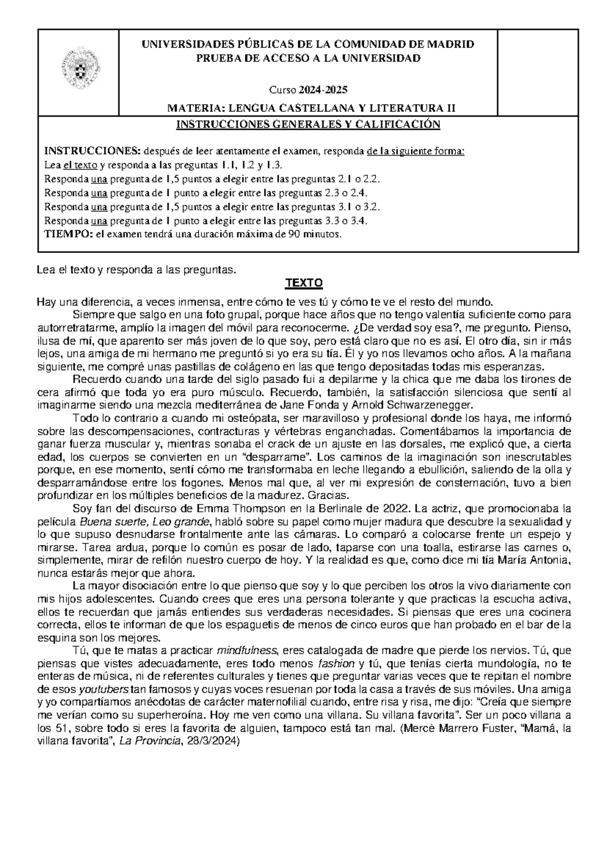 Prueba de Acceso a la Universidad: Lengua Castellana y Literatura II ...