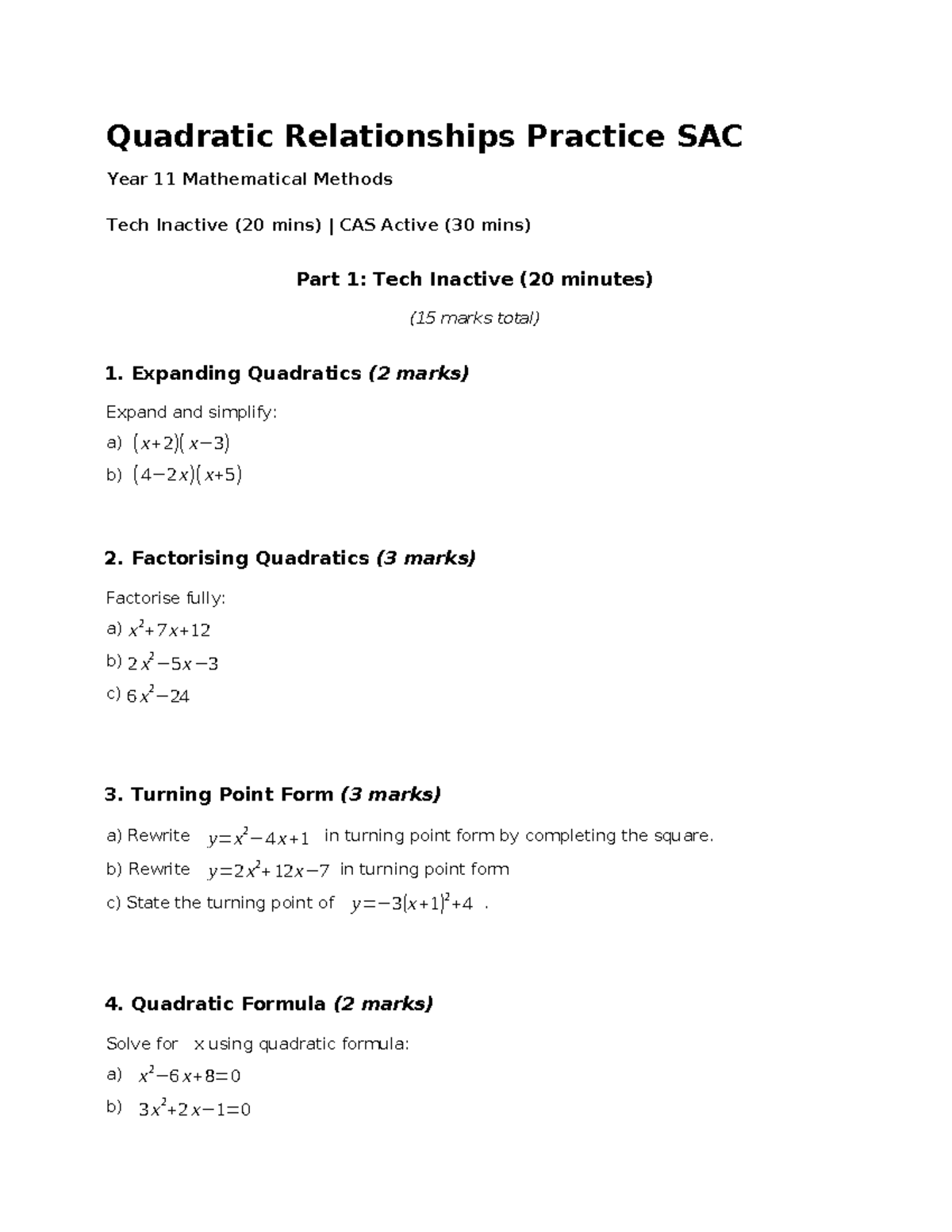 Year 11 Math Methods: Quadratic Relationships Practice SAC 2025 - Studocu
