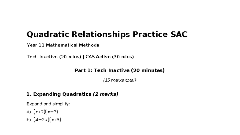 Year 11 Math Methods: Quadratic Relationships Practice SAC 2025 - Studocu