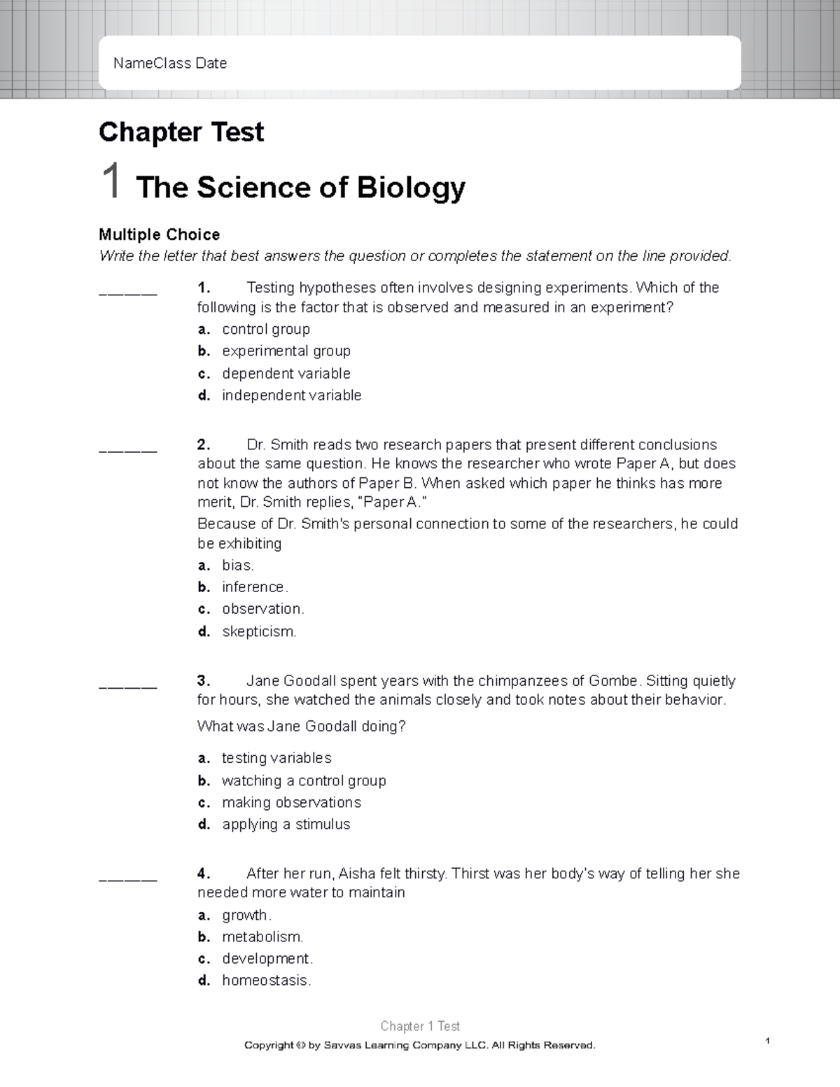 BIO CH01 Chapter 1 Test - Understanding the Science of Biology - Studocu