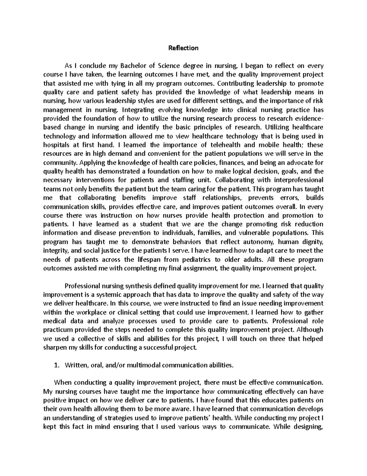 4092 Capstone Reflection Essay on Nursing Quality Improvement Project ...