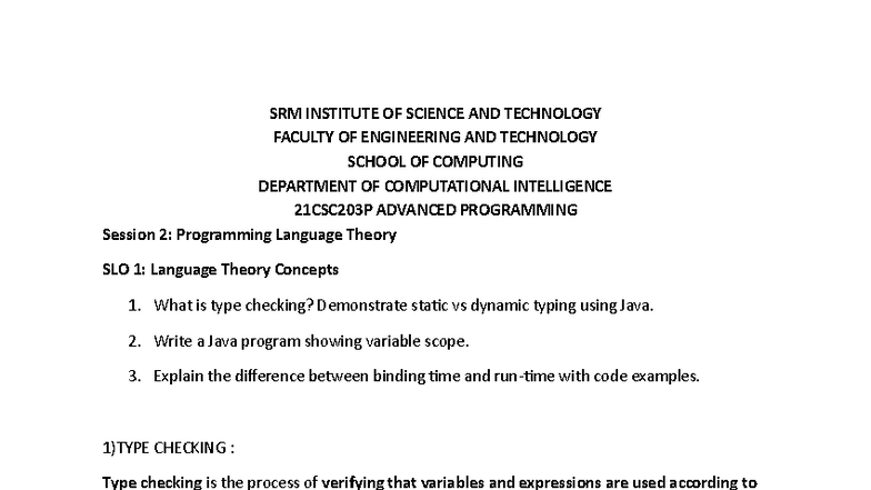 21CSC203P Advanced Programming: Language Theory Concepts and Examples ...