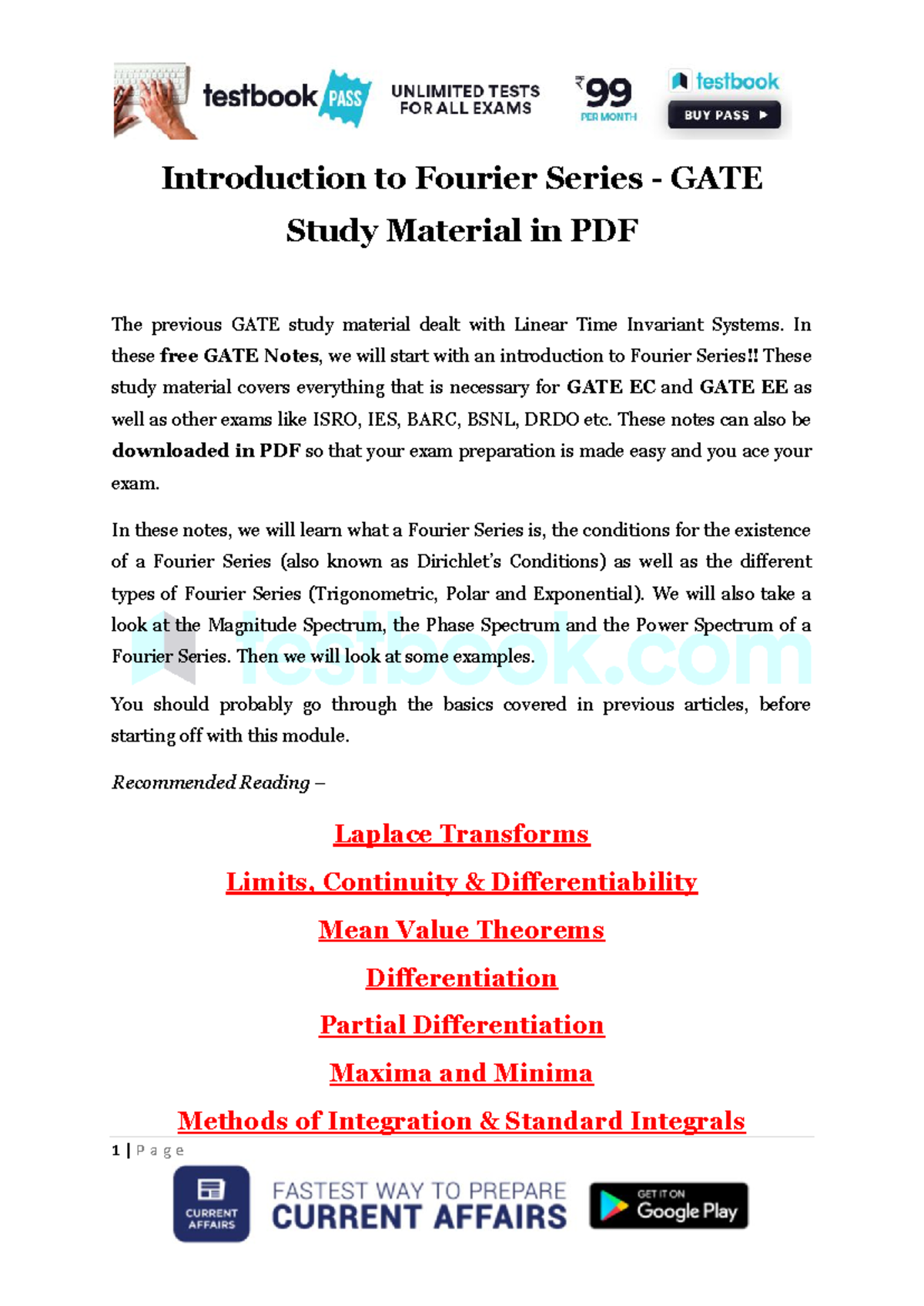 Introduction to Fourier Series: GATE Study Material PDF Guide - Studocu