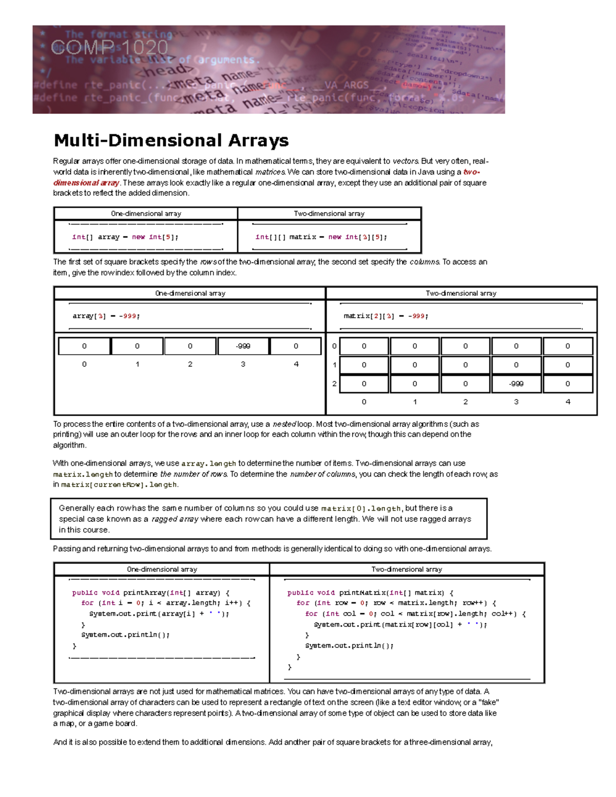 Week 7 - Multi-dimensional Arrays - COMP 1020 Arrays Regular arrays ...