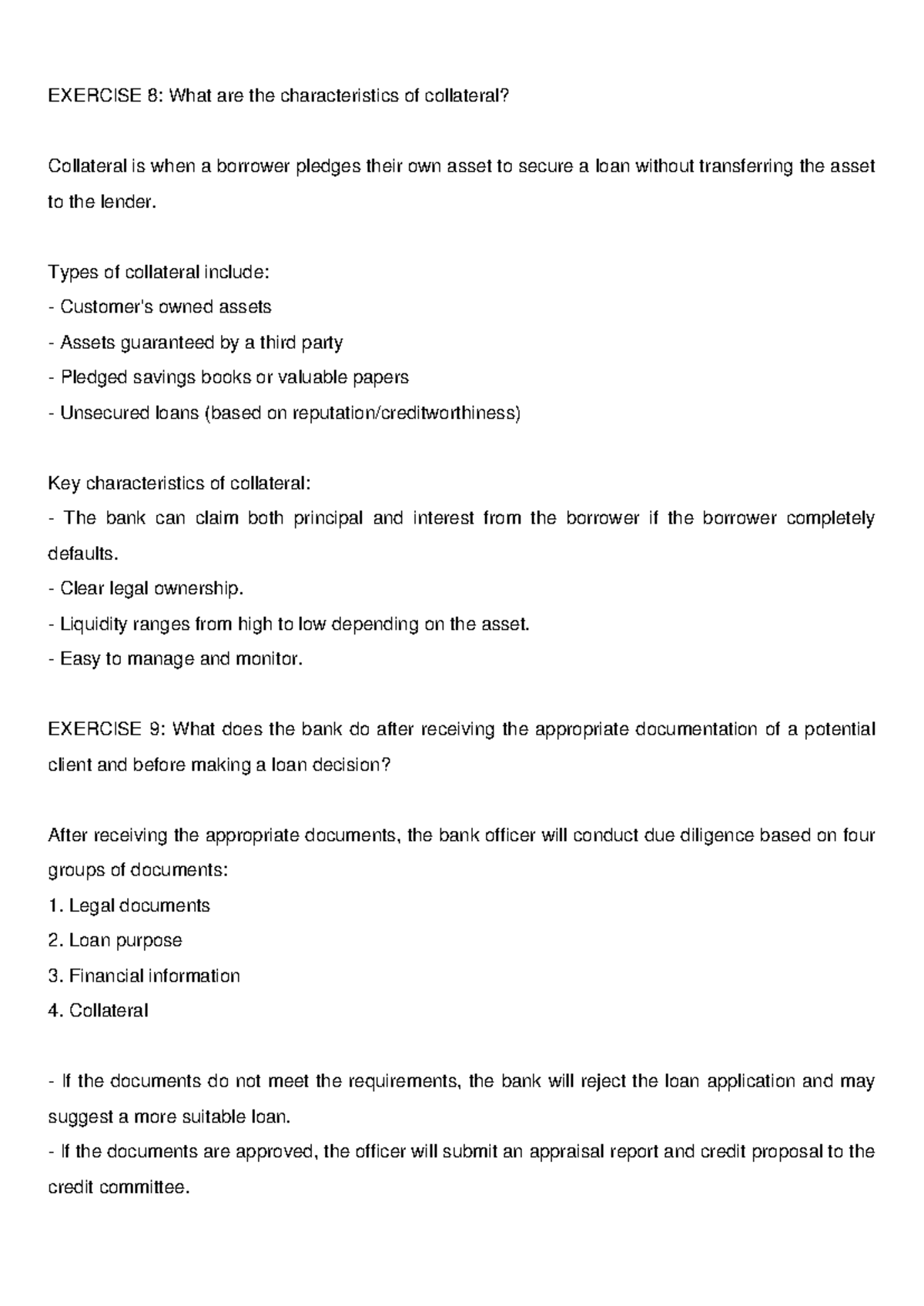 Banking Exercises: Collateral Characteristics & Loan Decision Process ...
