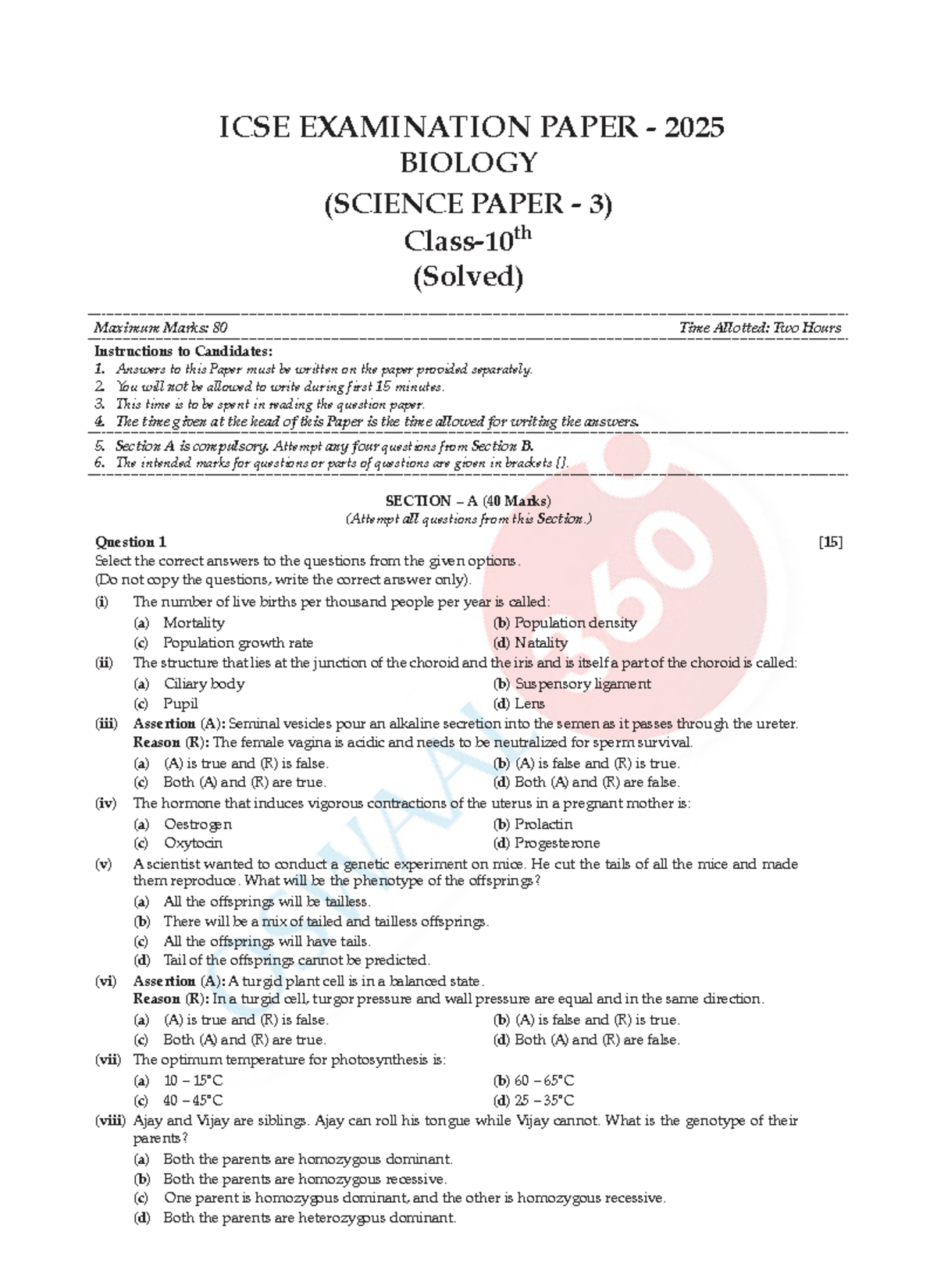 ICSE 2025 Biology Solved Examination Paper (Science Paper 3) - Studocu
