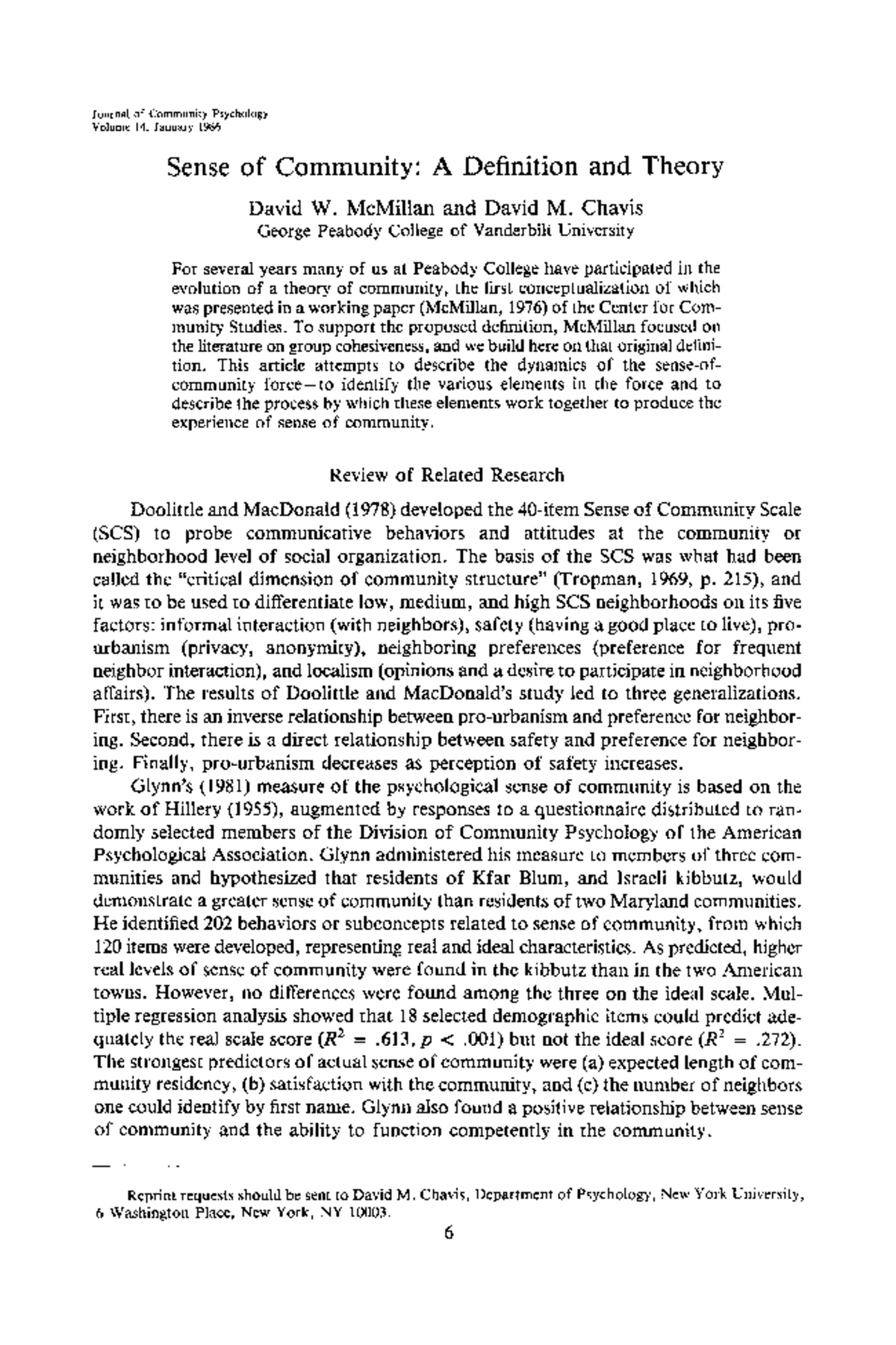 Sense of Community: Definition and Theory (Journal of Community ...