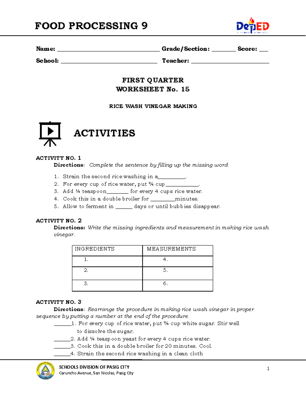 Sptve 9-FOOD Processing TECH9-Q1-DW15 - 1 FOOD PROCESSING 9 SCHOOLS ...
