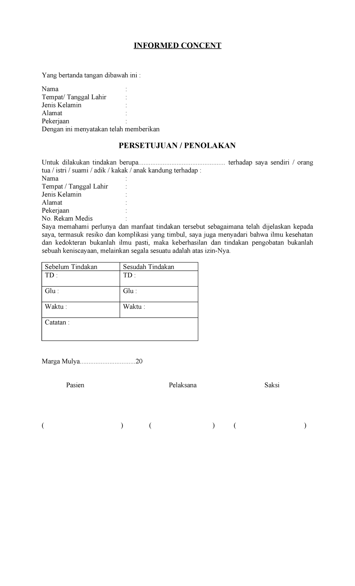 INFORMED CONSENT FORM - PERSETUJUAN PENOLAKAN - Studocu