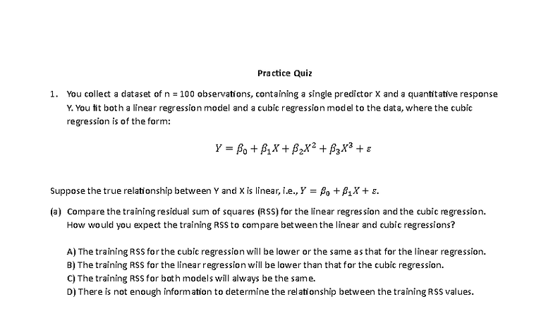 Practice Quiz 1 - Midterm Regression Analysis and Key Concepts - Studocu