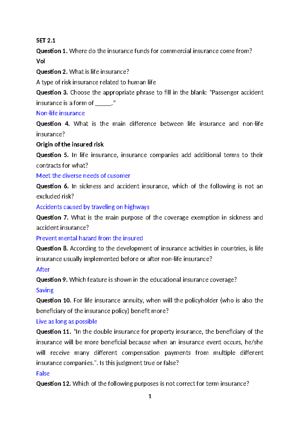 SET 2 - Bài Tập: Questions on Insurance Fundamentals - Studocu