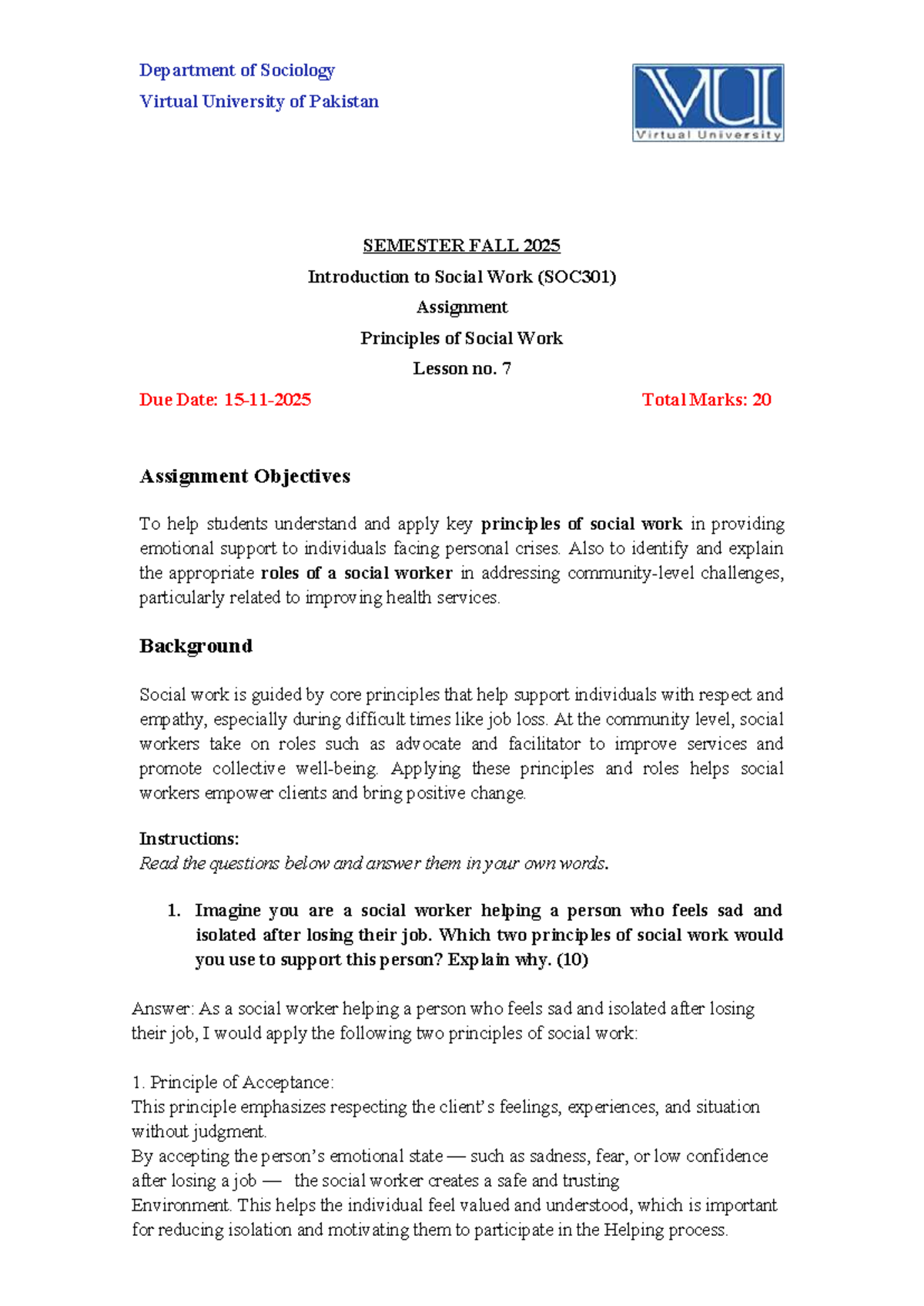 SOC301 Fall 2025 Assignment: Principles of Social Work (Lesson 7) - Studocu