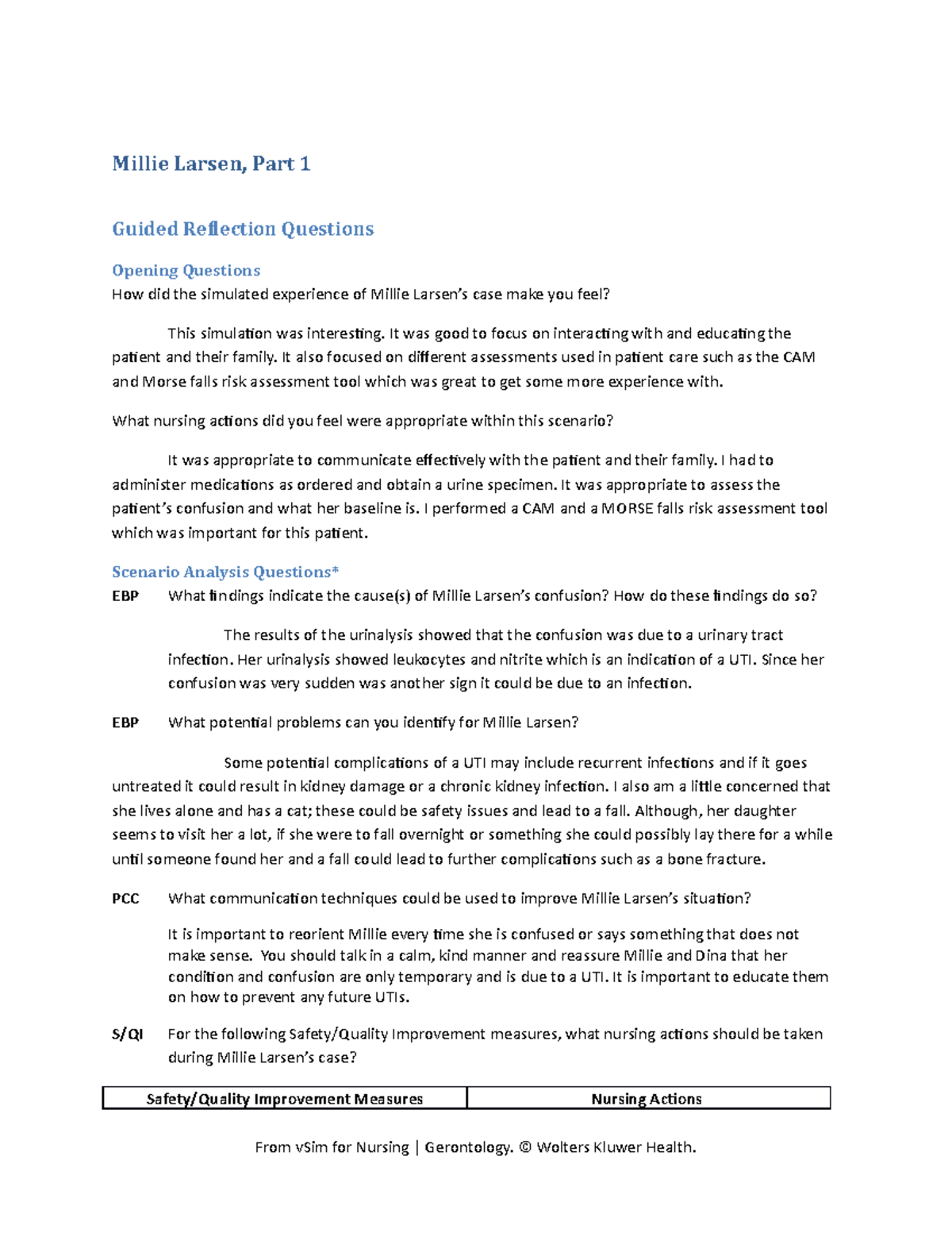 Millie Larsen Case Study Reflection Questions - Gerontology 101 - Studocu