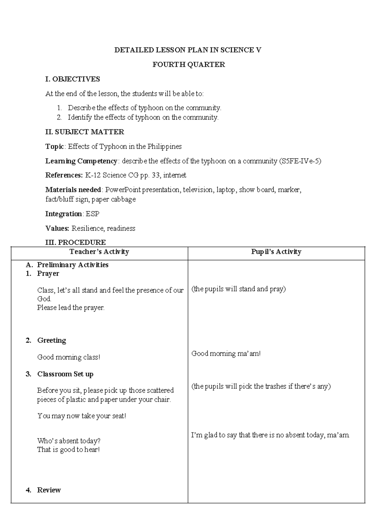 Effects of Typhoon: Detailed Lesson Plan for Science IV - Studocu