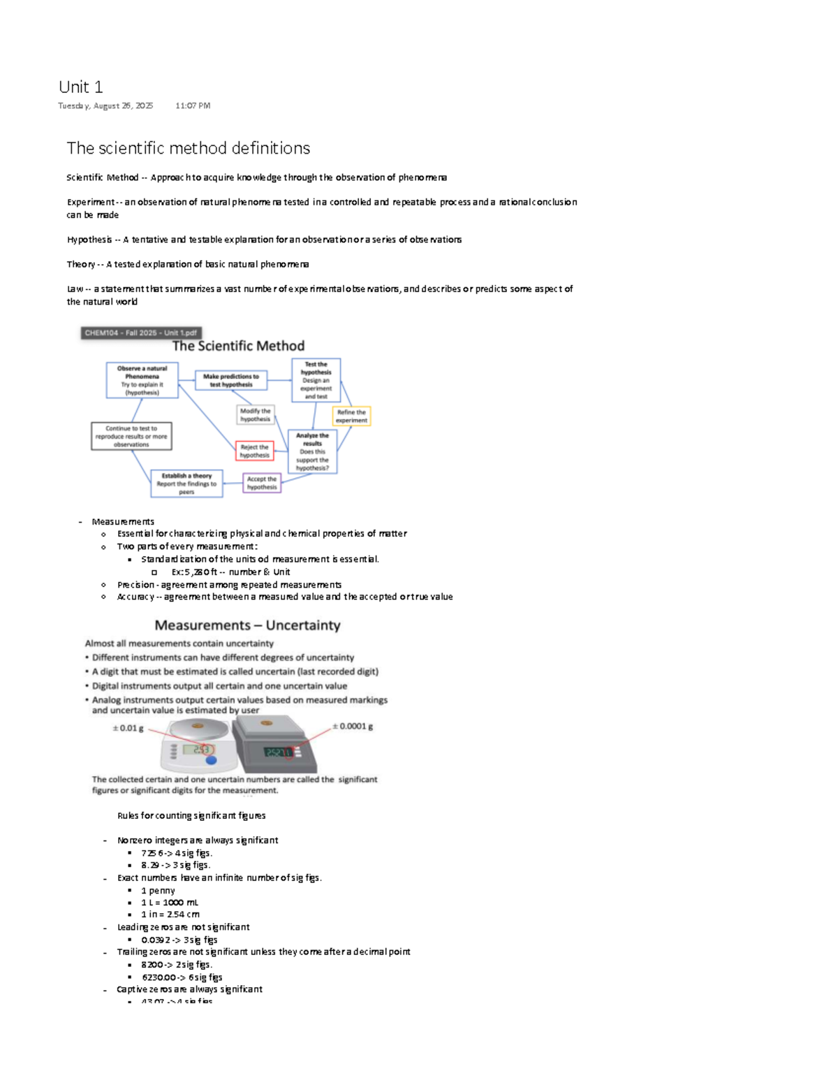 Unit 1: Scientific Method Definitions and Measurement Rules - Studocu