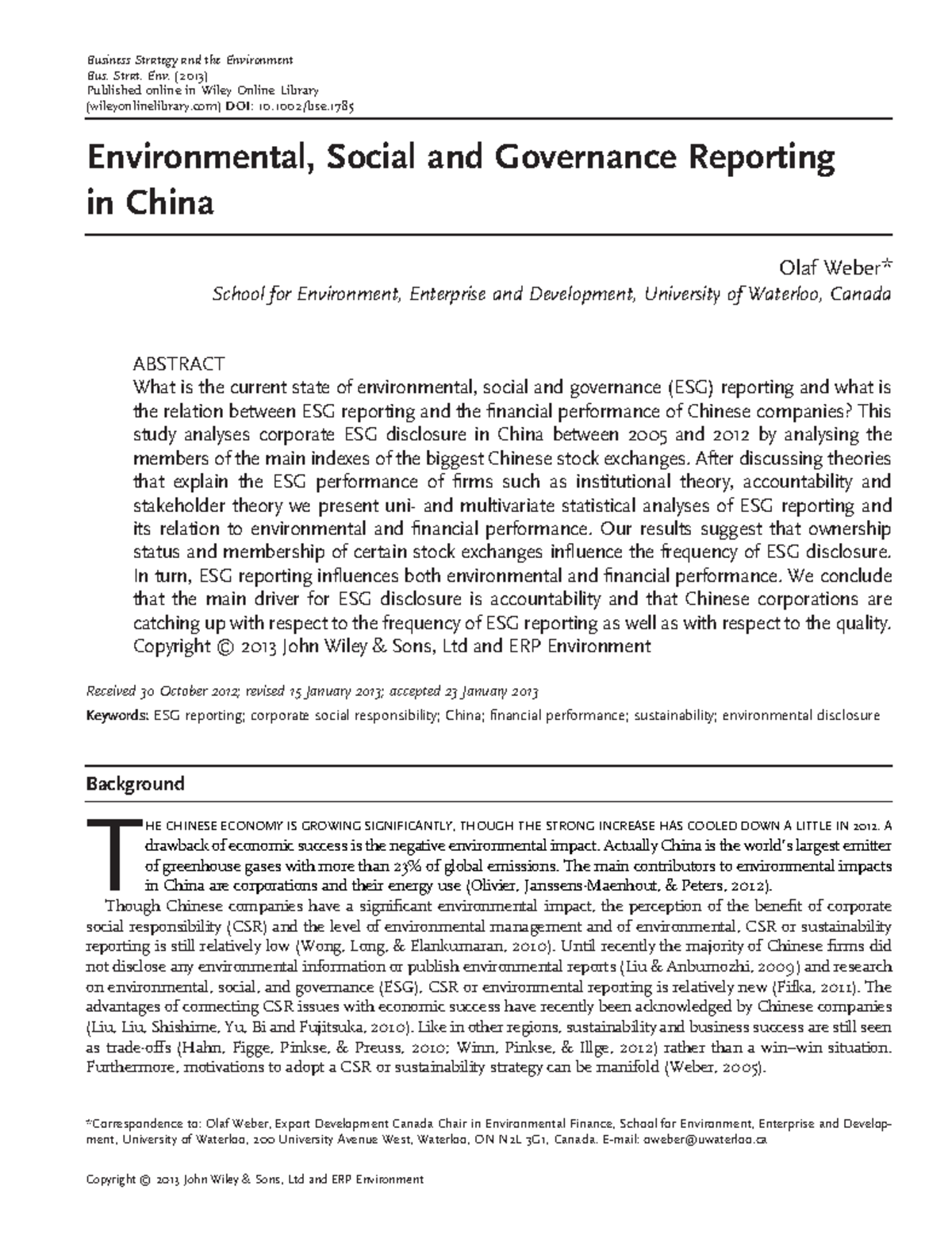 Weber (2013) Analysis of ESG Reporting and Financial Performance in ...