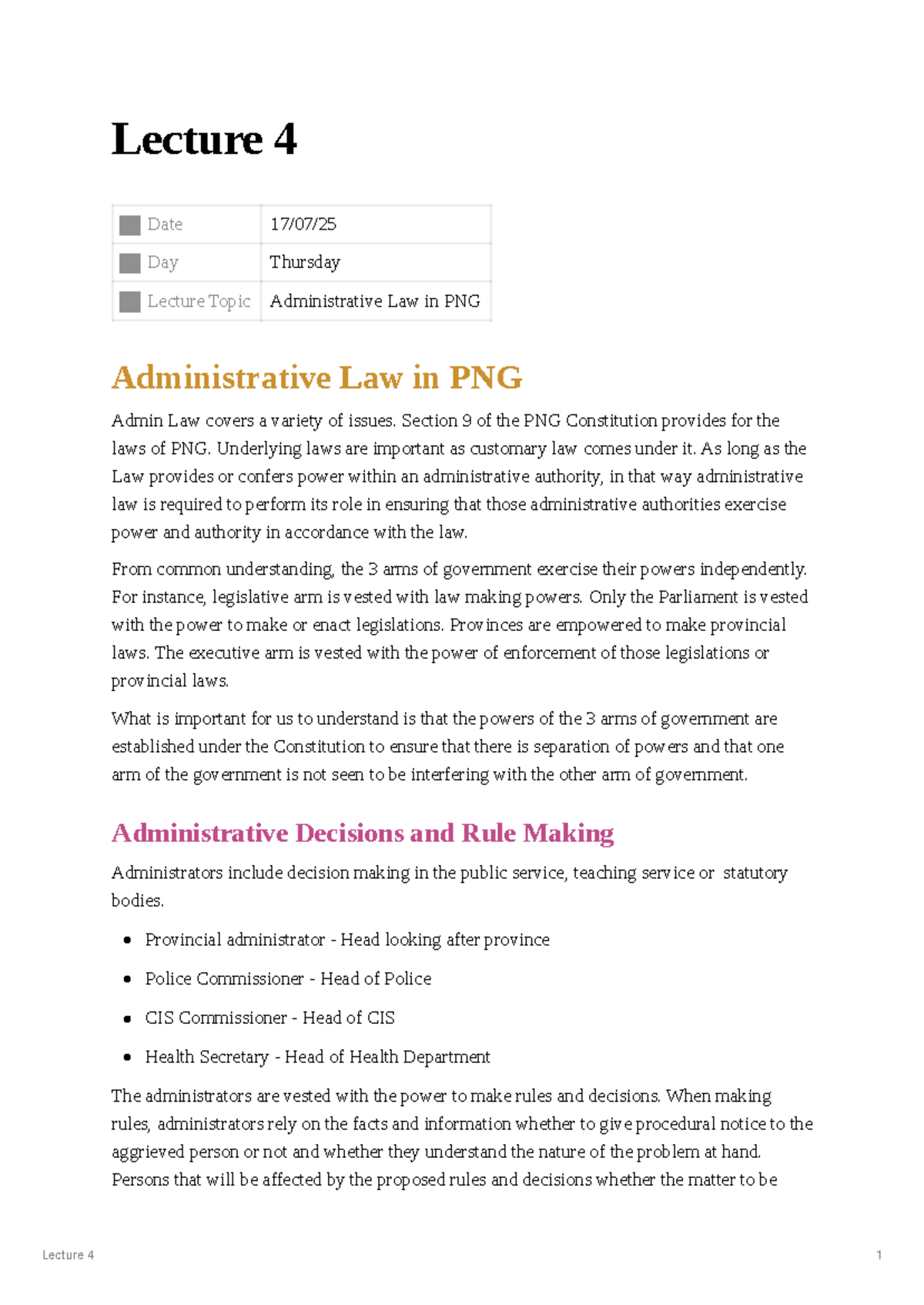 Admin Law Lecture 4: Understanding Administrative Law in PNG - Studocu