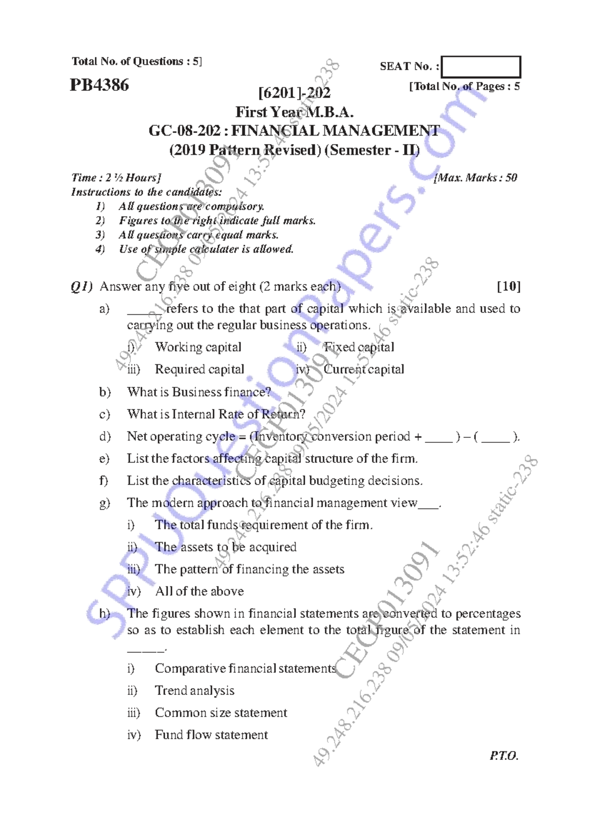 Postgraduate MBA Semester II 2024 May Financial Management Exam Notes ...