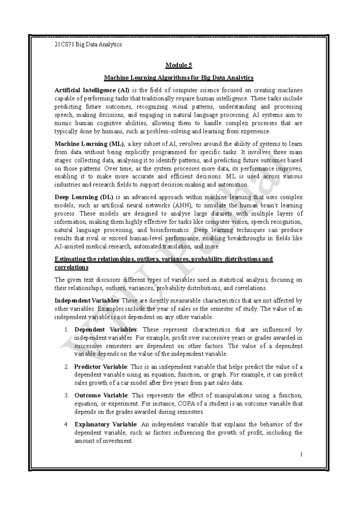 21CS71 Big Data Analytics: Module 5 - Machine Learning Algorithms ...