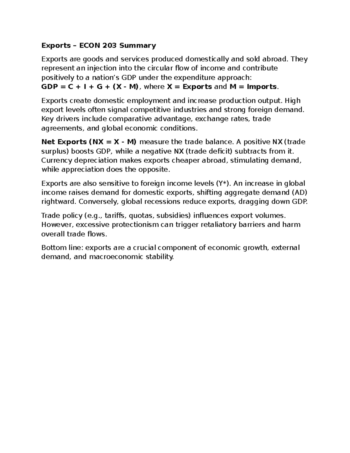 ECON 203 Exports Summary: Key Drivers and Economic Impact Notes - Studocu