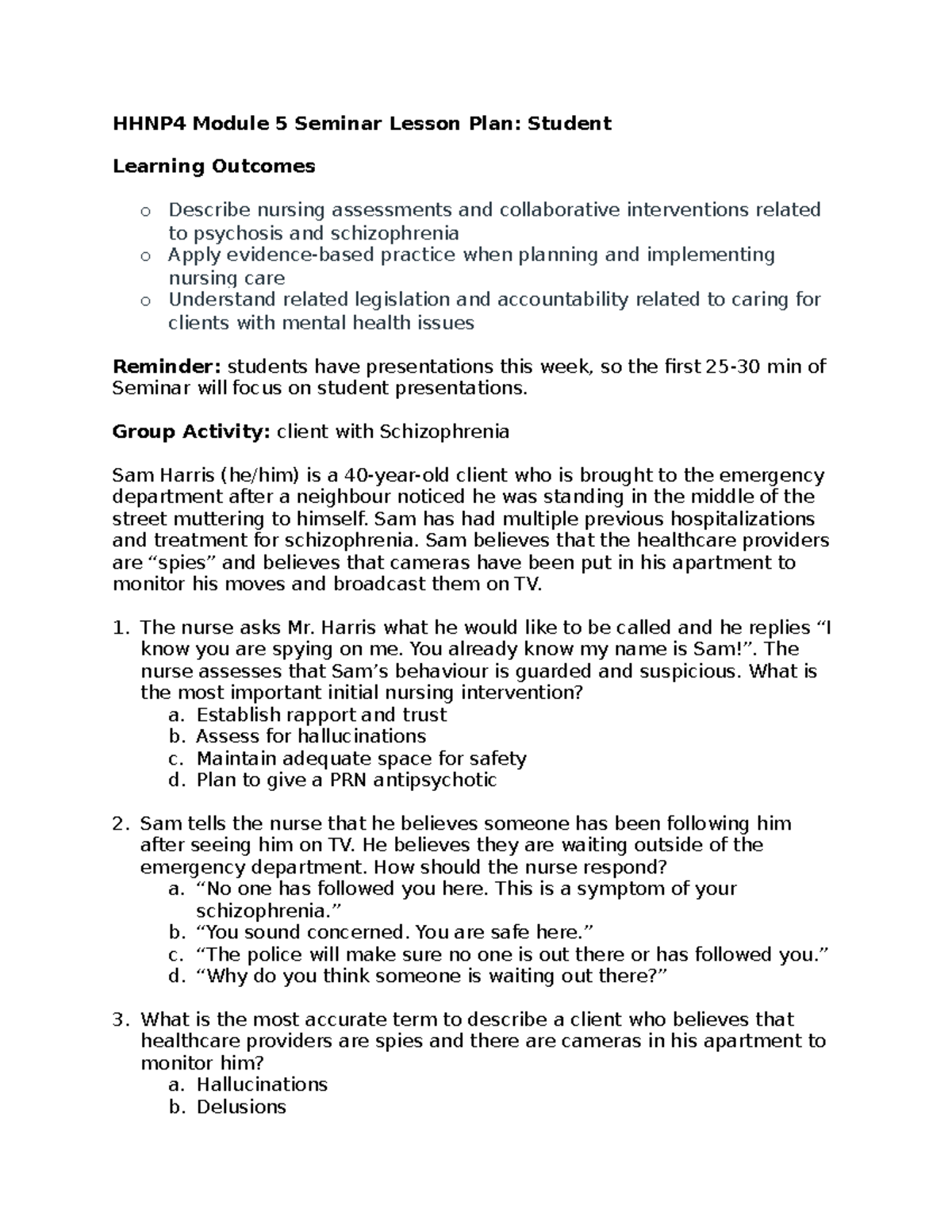 HHNP4 Module 5 Seminar Lesson Plan: Nursing Care for Schizophrenia ...