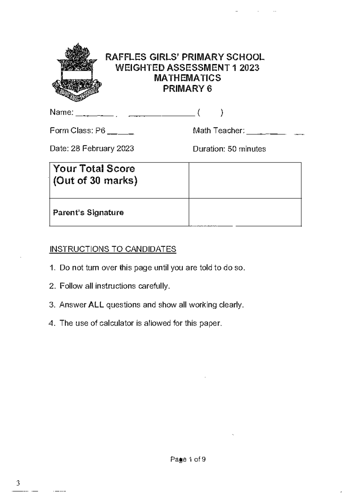P6 Math WA1 2023 Raffles Primary School Exam Paper - Studocu