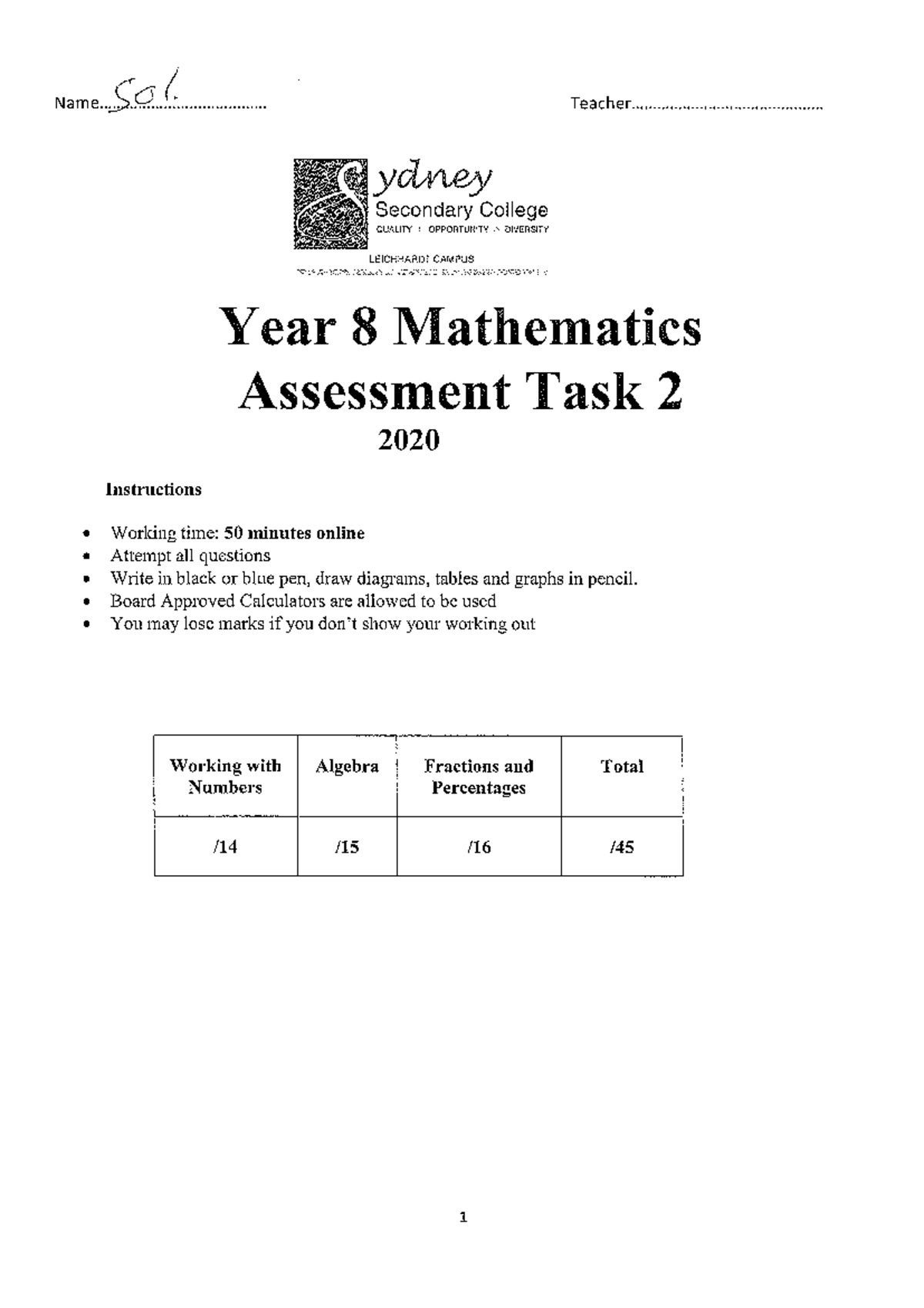 Year 8 Mathematics Assessment Task 2 (2020) - Algebra & Percentages ...