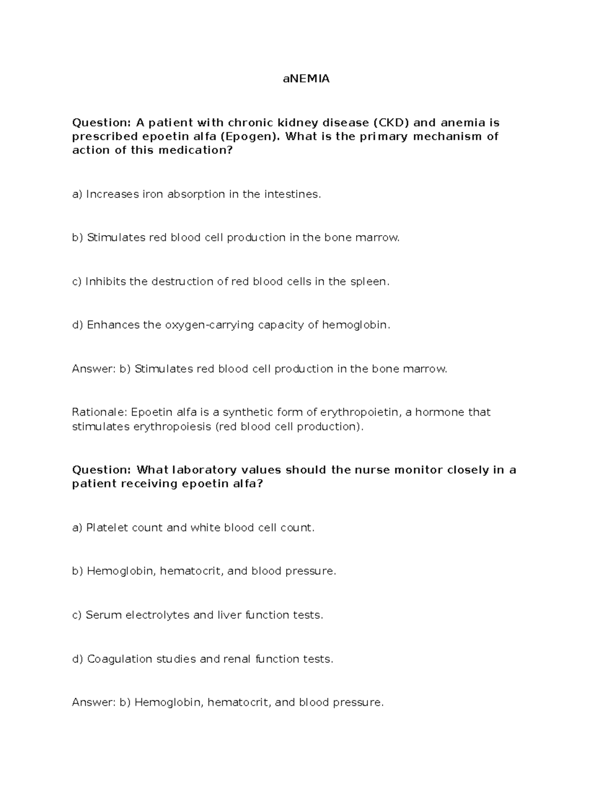 Anemia & Coagulants: Key Questions & Answers for Nursing Exam - Studocu