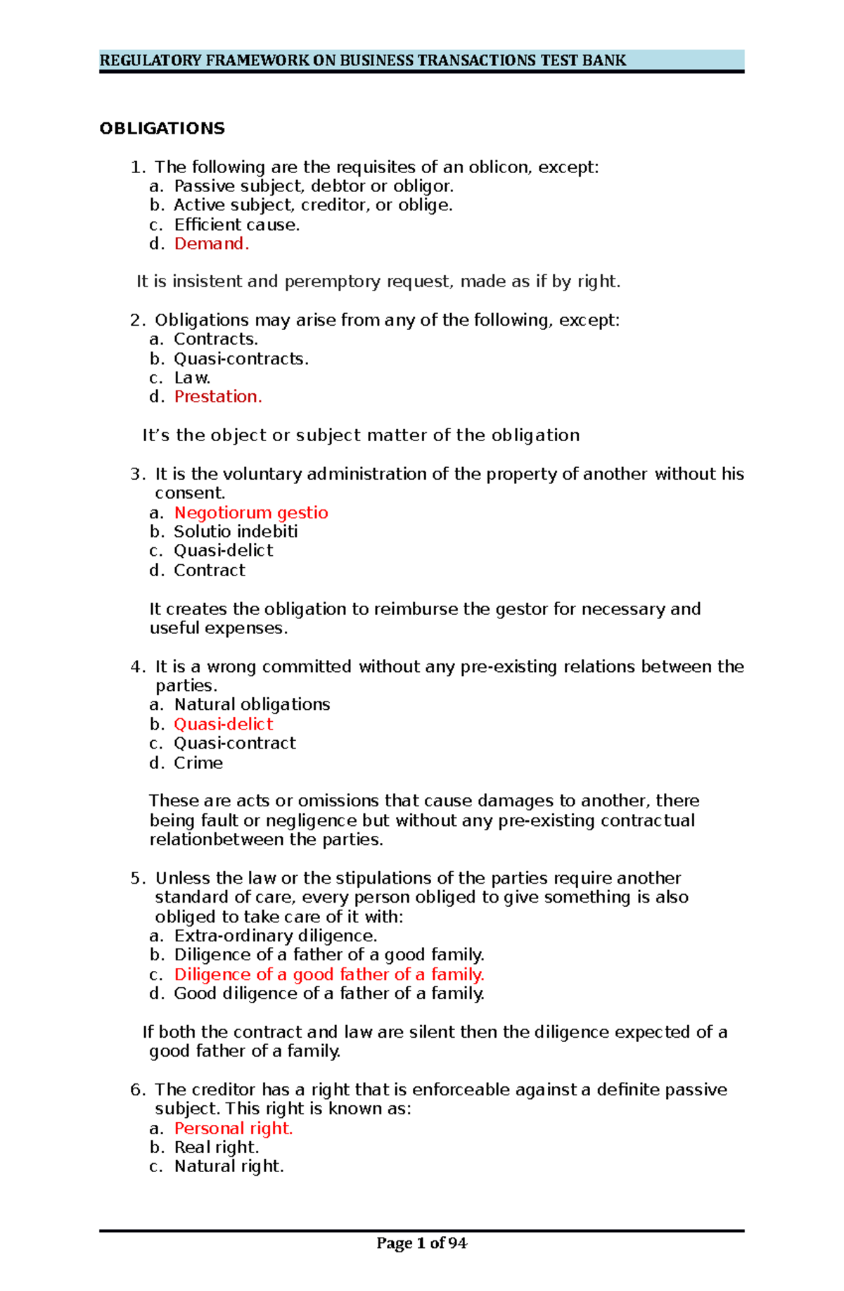 Obligations and Contracts Study Guide - Testbank 1 - Studocu