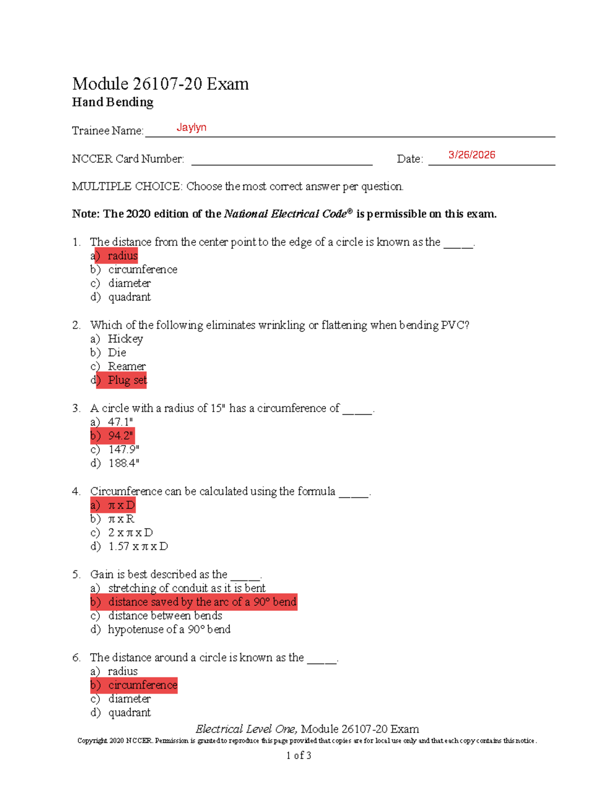 26107-20 Electrical Level One Module Exam on Hand Bending - Studocu