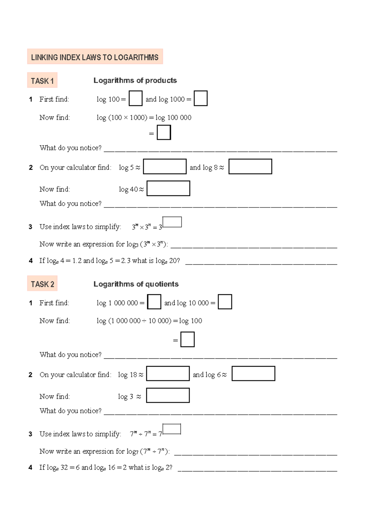 Linking Index Laws to Logarithms: Task 1 & 2 Analysis - Studocu