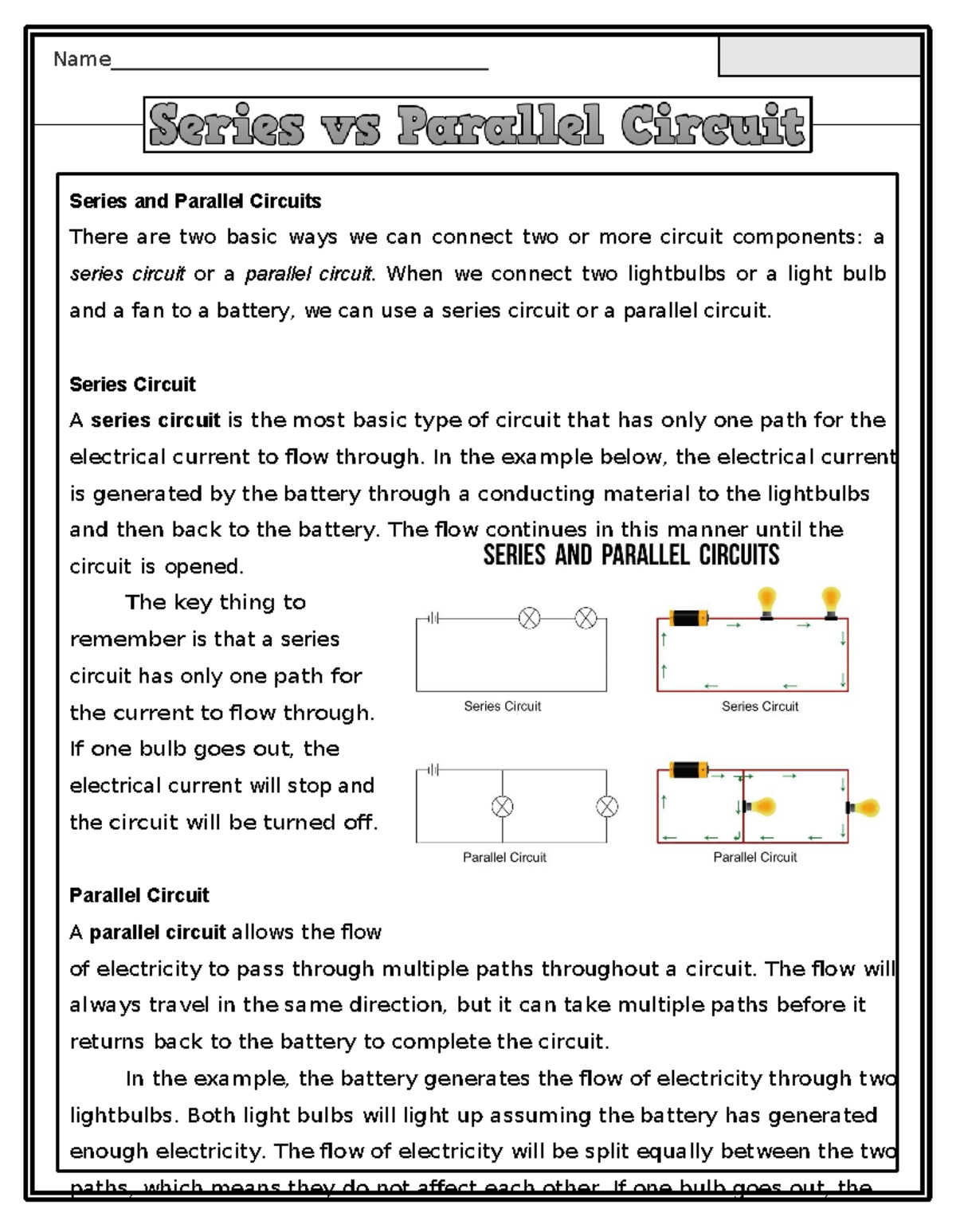 Series and parallel- Testing Worksheets - Name ...