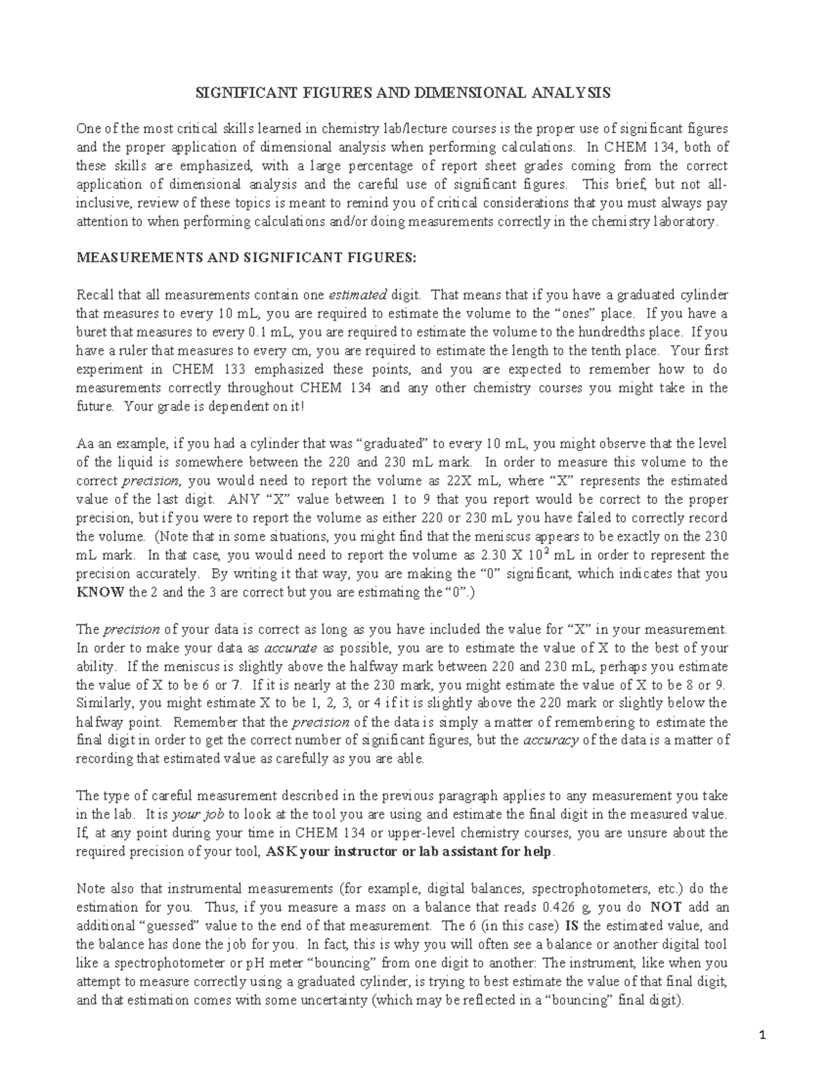 CHEM 134: Final Exam Review on Significant Figures & Dimensional ...