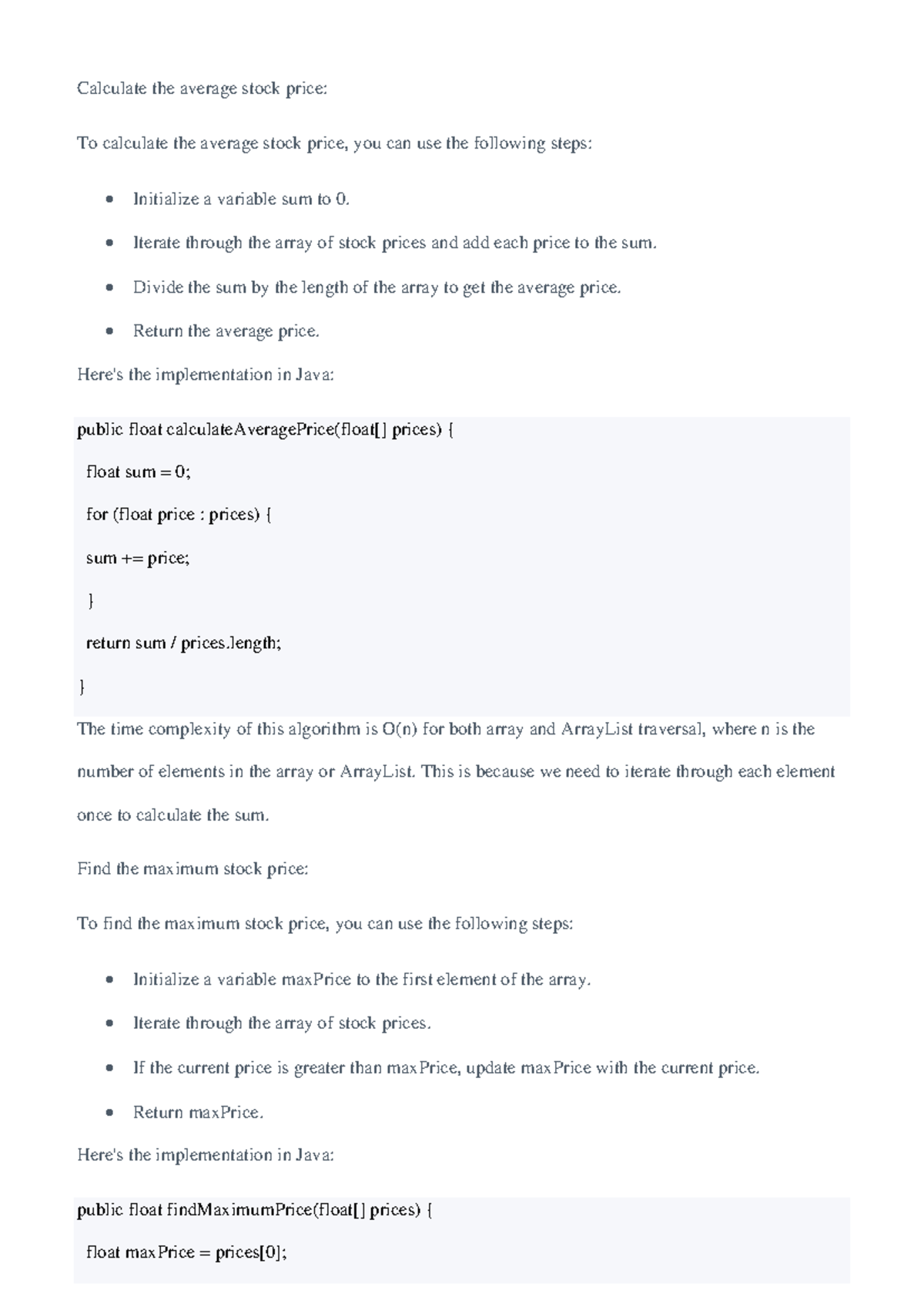 Assignment 4: Stock Price Calculation Methods in Java - Studocu