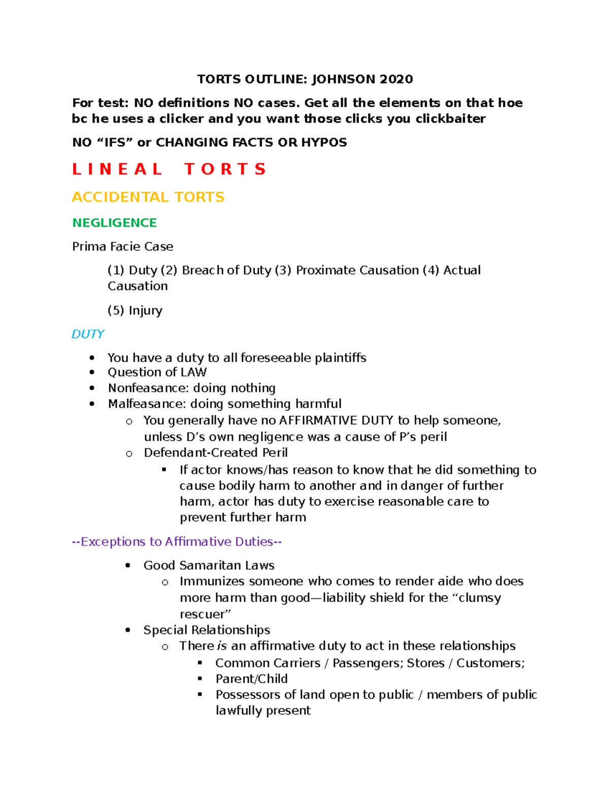 Torts Outline: Key Elements and Concepts for Exam Prep (LAW101) - Studocu